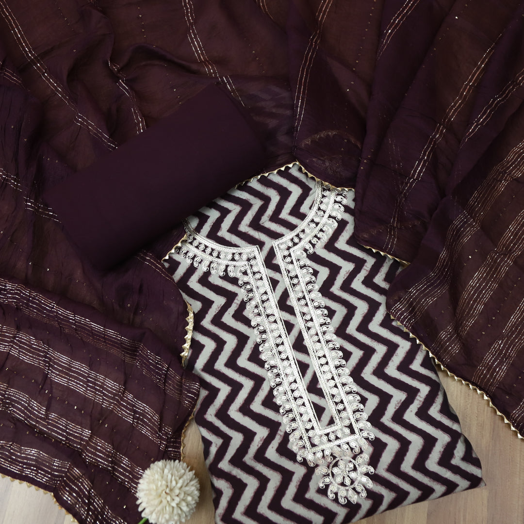 Sajna Dark Wine Purple Embellish Zari Neck Work Leheriya Print Modal Suit Set