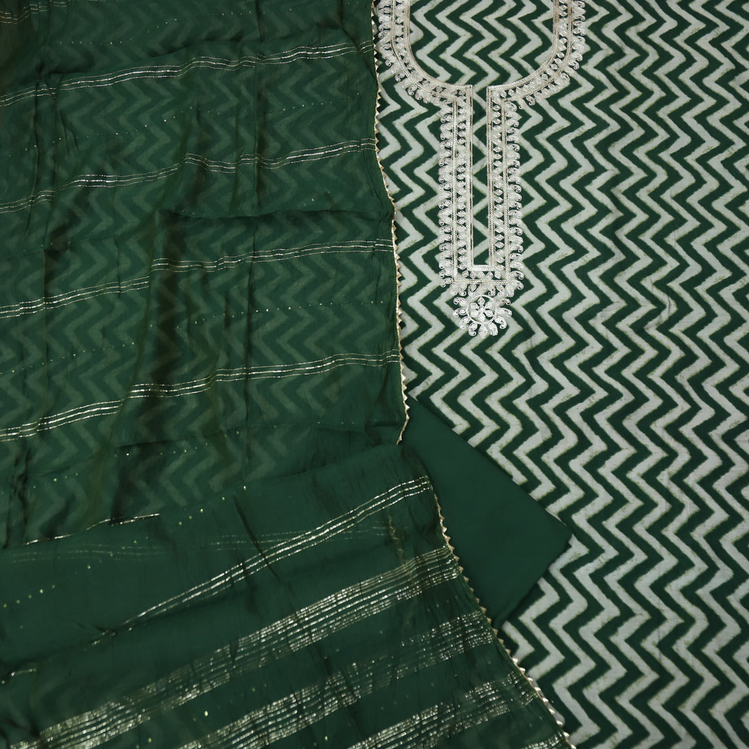 Sajna Dark Green Embellish Zari Neck Work Leheriya Print Modal Suit Set