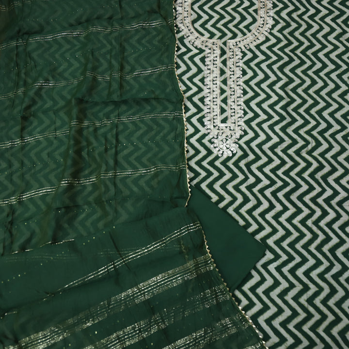 Sajna Dark Green Embellish Zari Neck Work Leheriya Print Modal Suit Set