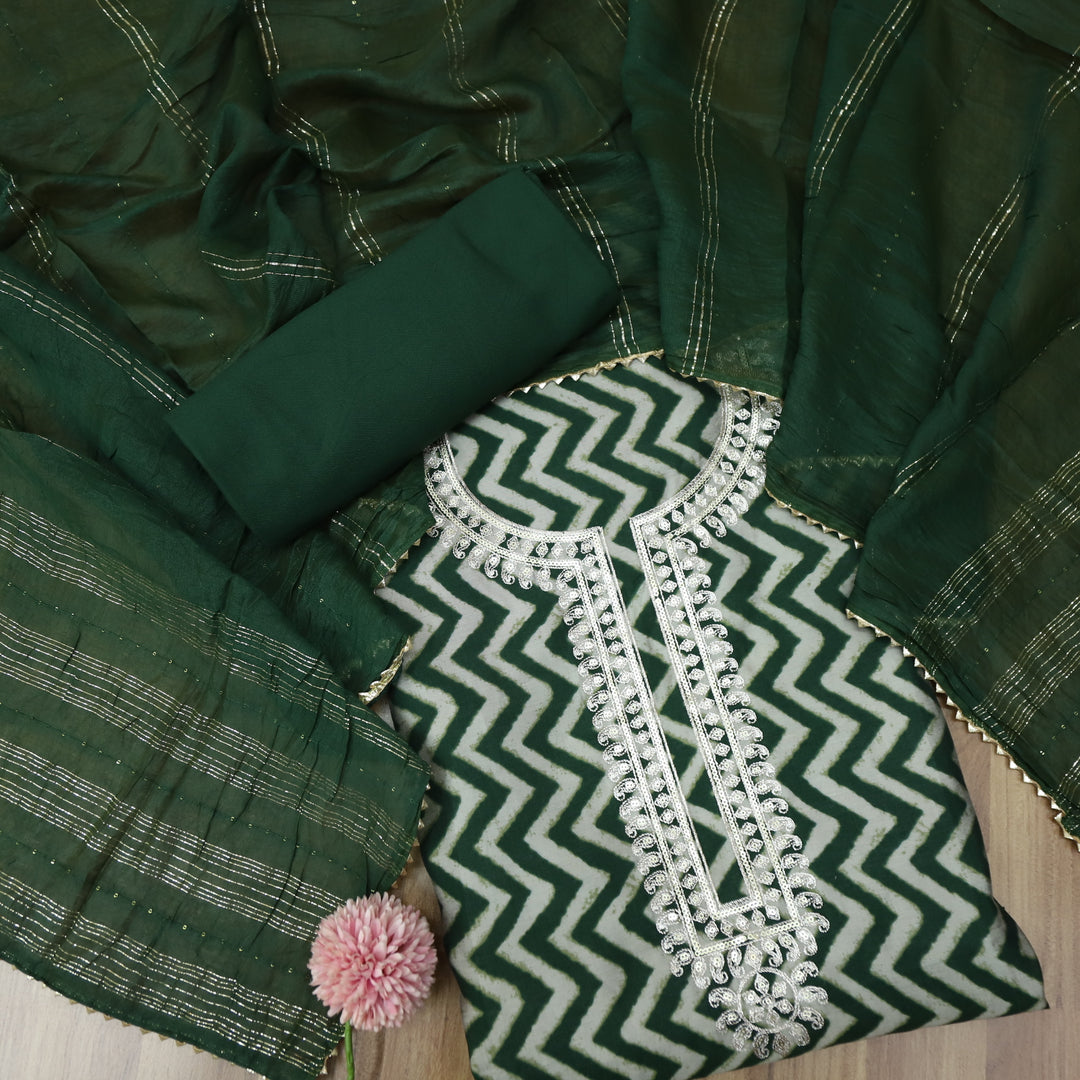 Sajna Dark Green Embellish Zari Neck Work Leheriya Print Modal Suit Set