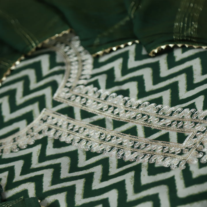Sajna Dark Green Embellish Zari Neck Work Leheriya Print Modal Suit Set