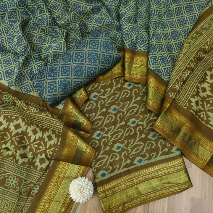 Haniya Peanut Brown Printed with Mangalgiri Hem Work Cotton Suit Set