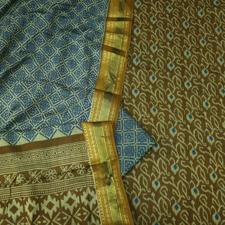 Haniya Peanut Brown Printed with Mangalgiri Hem Work Cotton Suit Set