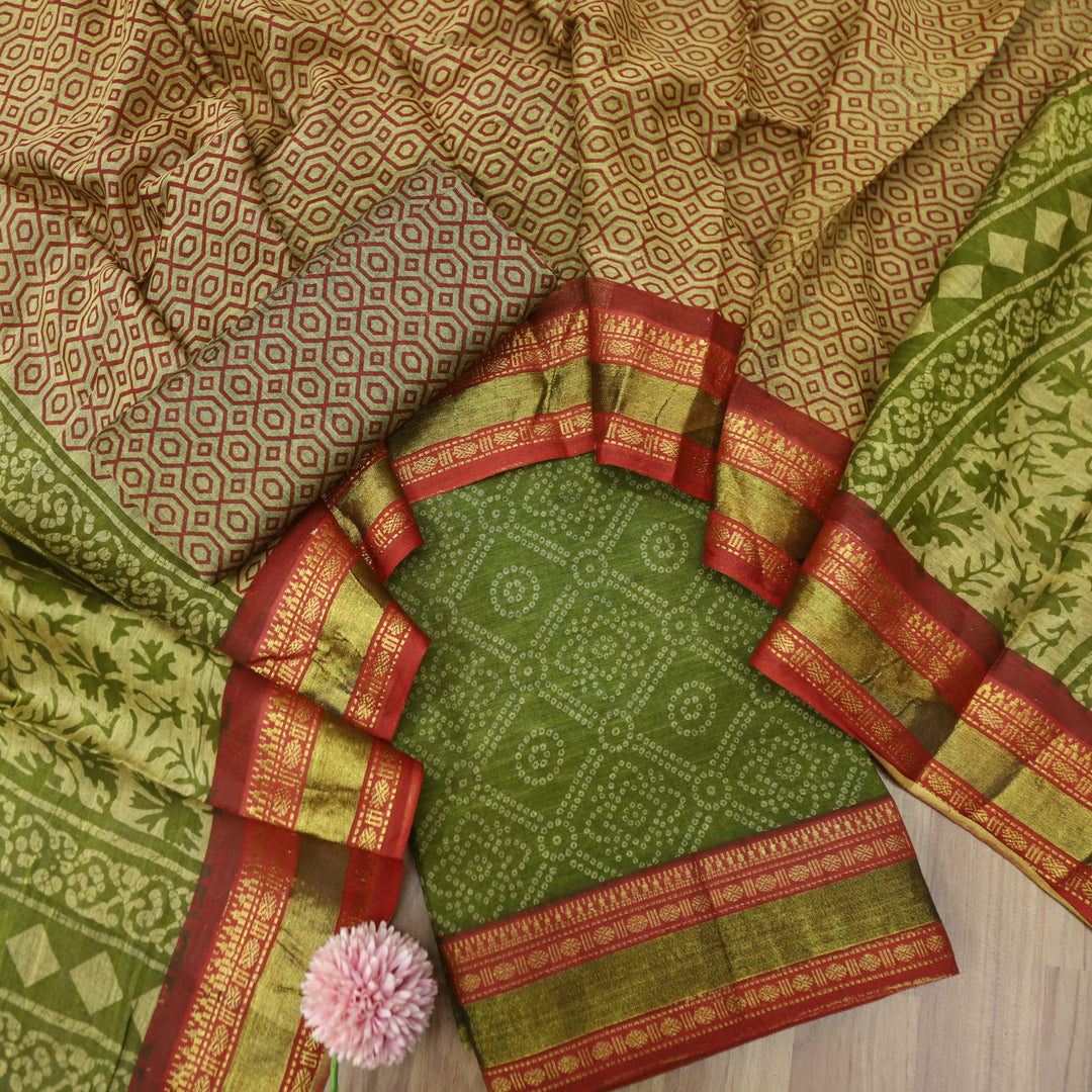 Kranti Grass Green Bandhani Printed Mangalgiri Hem Work Cotton Suit Set