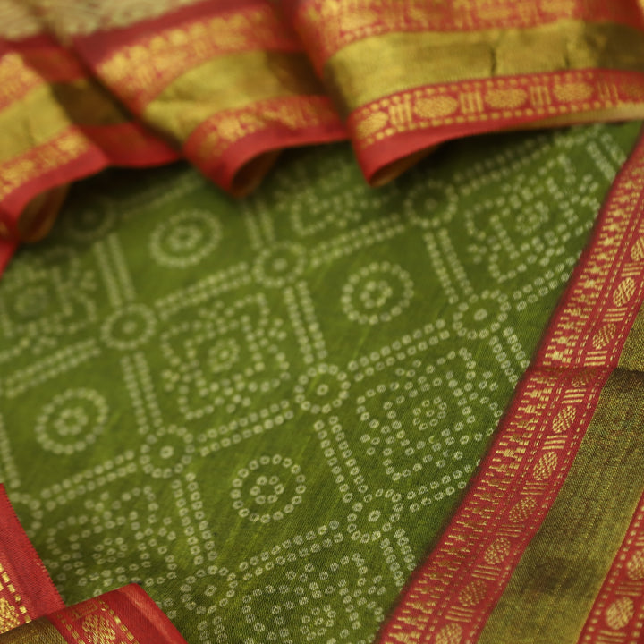 Kranti Grass Green Bandhani Printed Mangalgiri Hem Work Cotton Suit Set