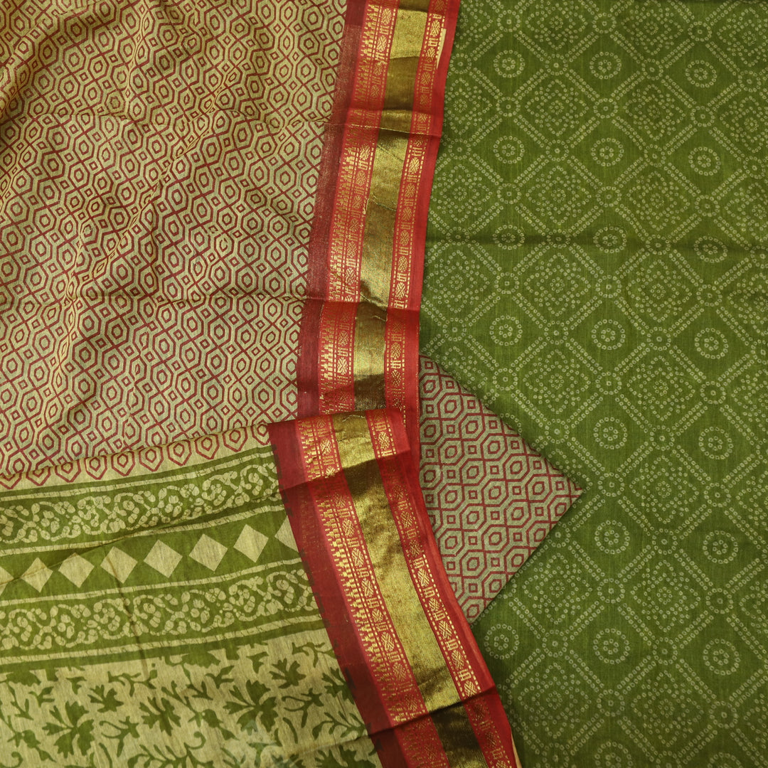 Kranti Grass Green Bandhani Printed Mangalgiri Hem Work Cotton Suit Set