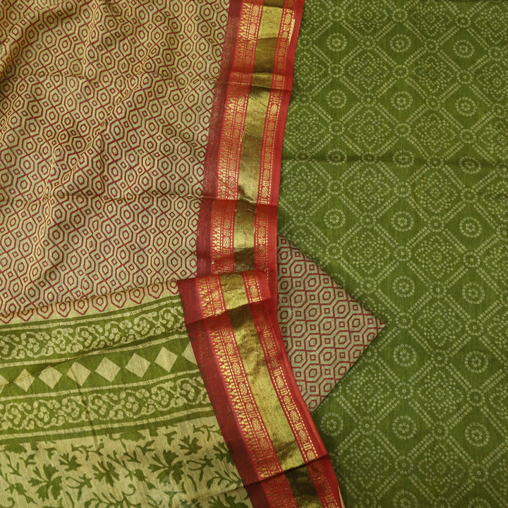 Kranti Grass Green Bandhani Printed Mangalgiri Hem Work Cotton Suit Set