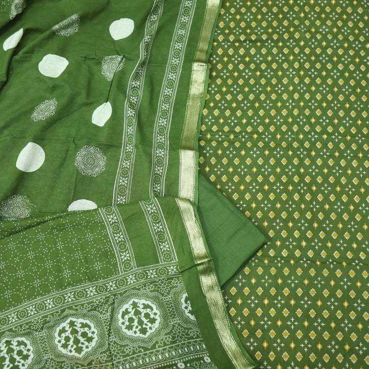 Raina Leaf Green Printed with Mangalgiri Hem Work Cotton Suit Set