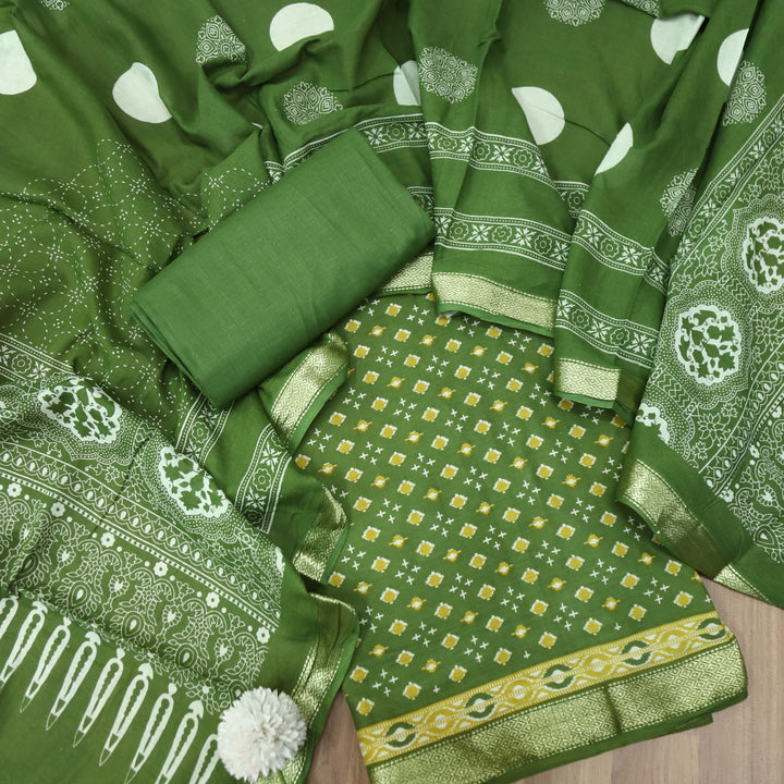 Raina Leaf Green Printed with Mangalgiri Hem Work Cotton Suit Set