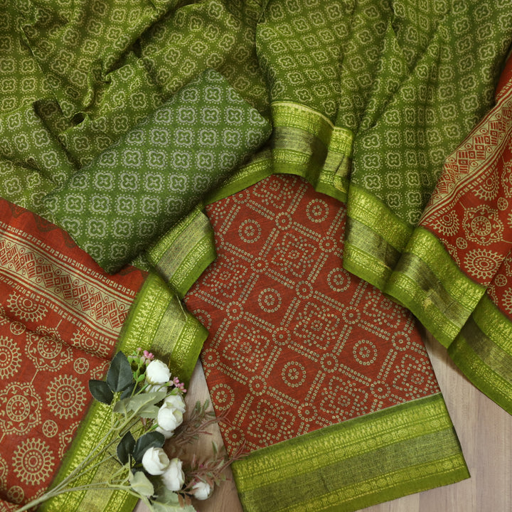 Kranti Rust Orange Bandhani Printed Mangalgiri Hem Work Cotton Suit Set