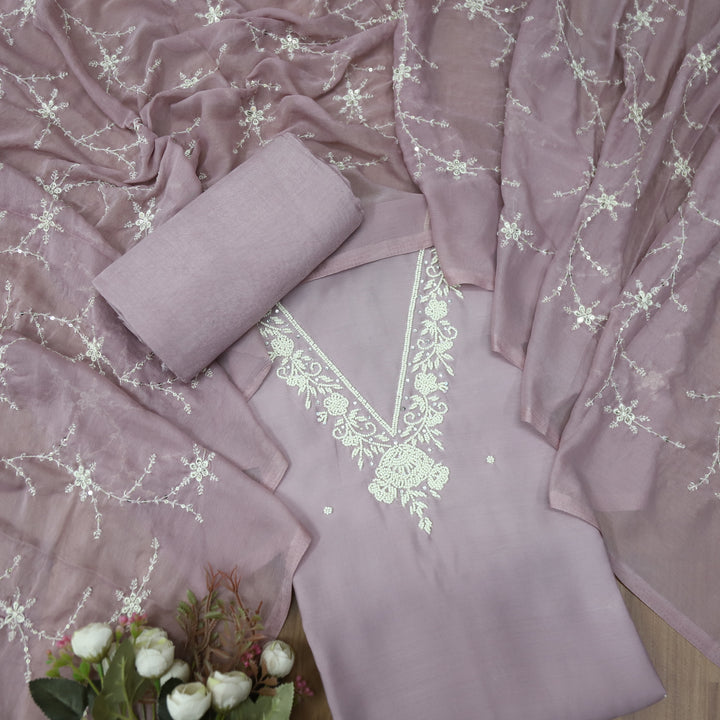 Manzeel Mauve Lilac V Neck Moti Work with Stone Modal Suit Set