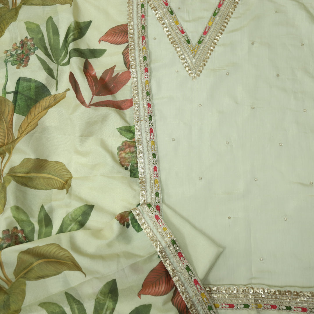 Sajna Frappe Cream V Embellish Zari Neck Work Modal Suit Set