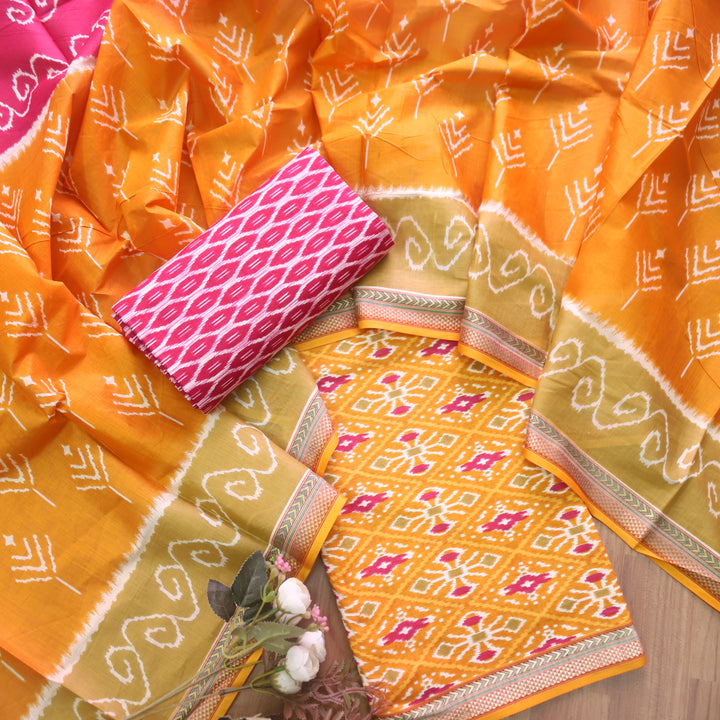 Kaasvi Orange Yellow Ikkat Printed Mangalgiri Hem Work Cotton Suit Set