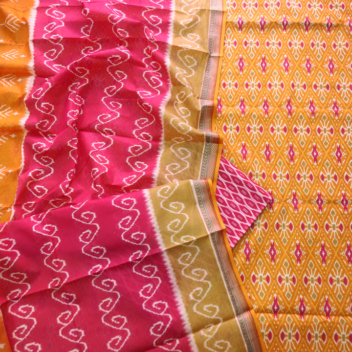 Kaasvi Orange Yellow Ikkat Printed Mangalgiri Hem Work Cotton Suit Set
