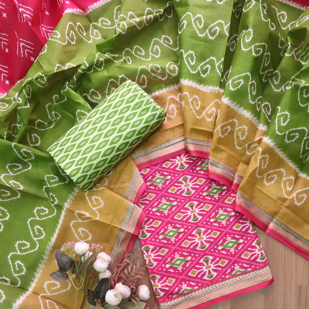 Kaasvi Bright Pink Ikkat Printed Mangalgiri Hem Work Cotton Suit Set