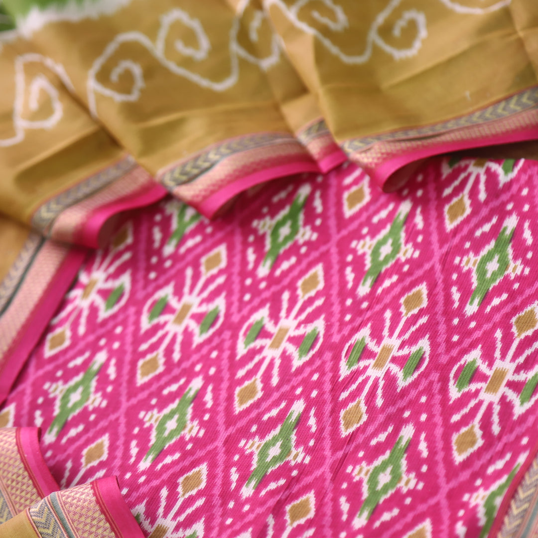Kaasvi Bright Pink Ikkat Printed Mangalgiri Hem Work Cotton Suit Set