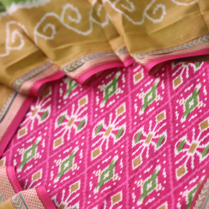 Kaasvi Bright Pink Ikkat Printed Mangalgiri Hem Work Cotton Suit Set
