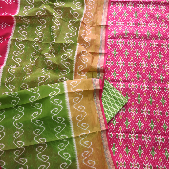 Kaasvi Bright Pink Ikkat Printed Mangalgiri Hem Work Cotton Suit Set