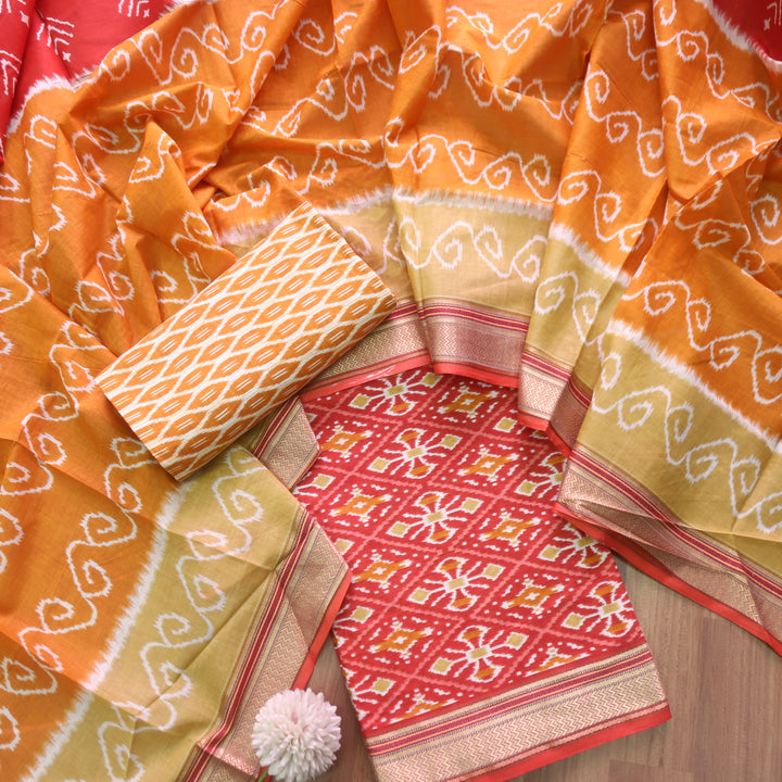 Kaasvi Barn Red Ikkat Printed Mangalgiri Hem Work Cotton Suit Set