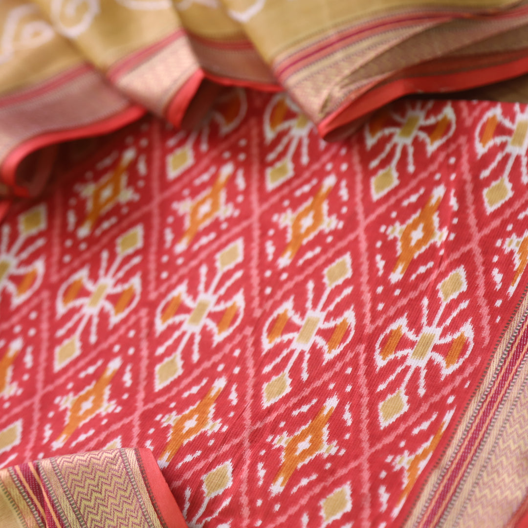 Kaasvi Barn Red Ikkat Printed Mangalgiri Hem Work Cotton Suit Set