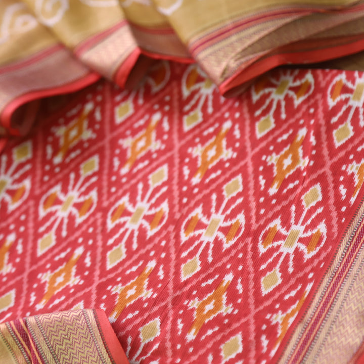 Kaasvi Barn Red Ikkat Printed Mangalgiri Hem Work Cotton Suit Set