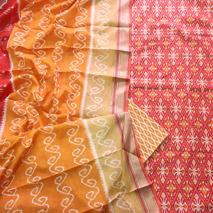 Kaasvi Barn Red Ikkat Printed Mangalgiri Hem Work Cotton Suit Set