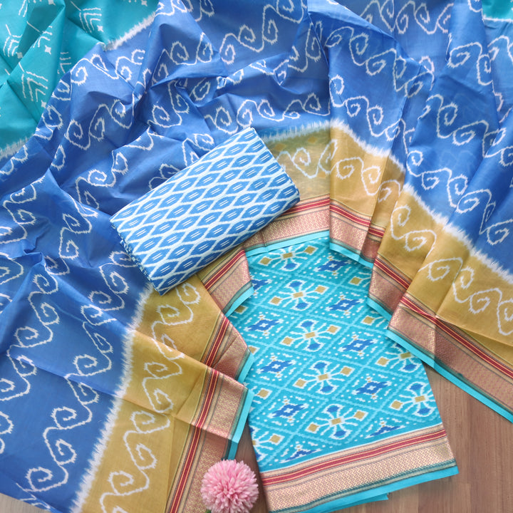 Kaasvi Aqua Blue Ikkat Printed Mangalgiri Hem Work Cotton Suit Set