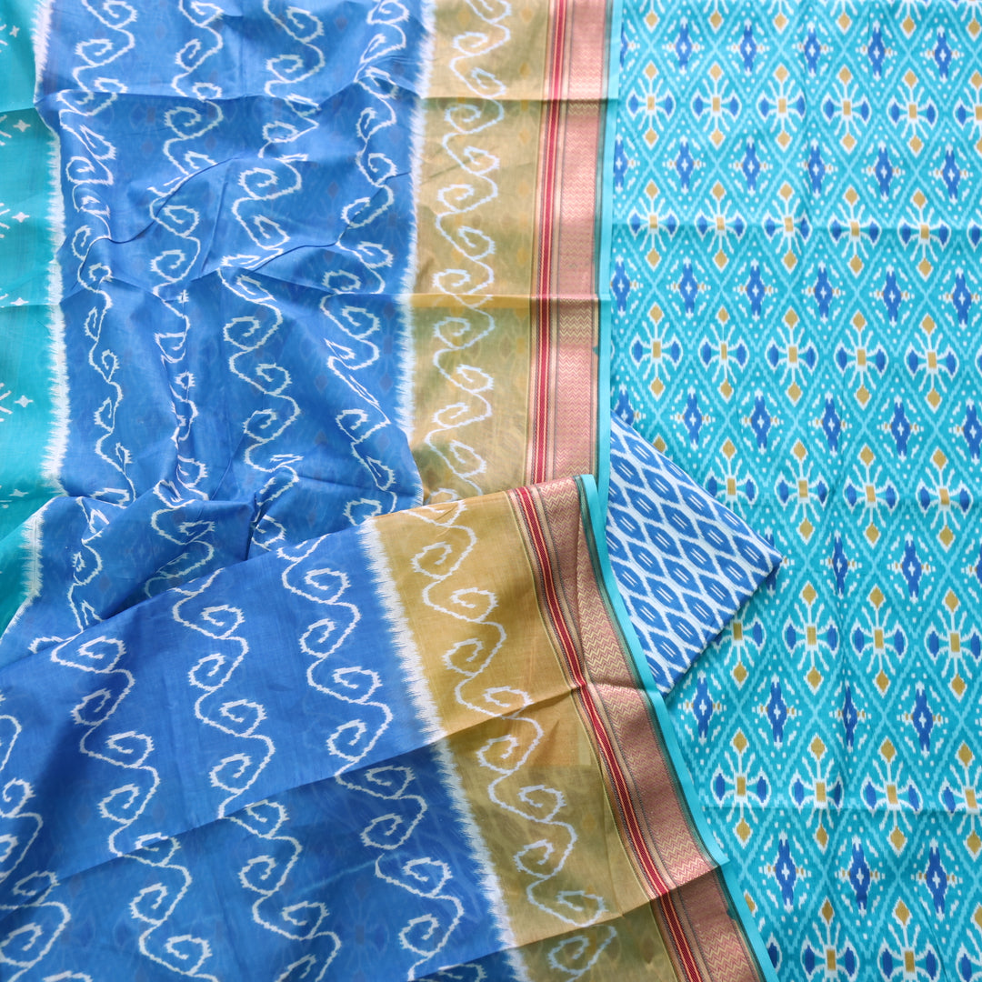 Kaasvi Aqua Blue Ikkat Printed Mangalgiri Hem Work Cotton Suit Set