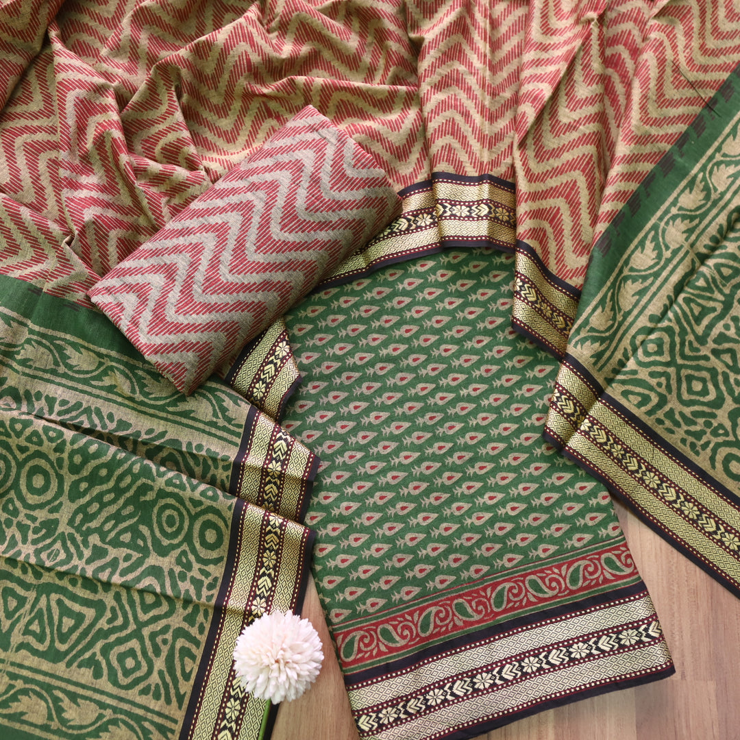 Kranti Pine Green Buti Printed in Mangalgiri Hem Work Cotton Suit Set D1