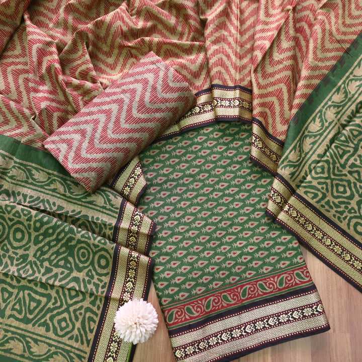Kranti Pine Green Buti Printed in Mangalgiri Hem Work Cotton Suit Set D1