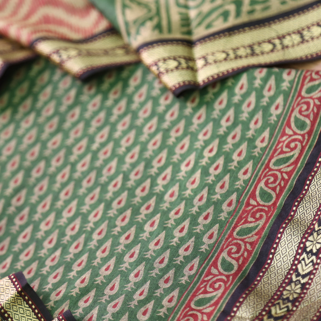 Kranti Pine Green Buti Printed in Mangalgiri Hem Work Cotton Suit Set D1