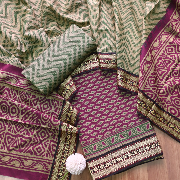 Kranti Wine Purple Buti Printed in Mangalgiri Hem Work Cotton Suit Set D1