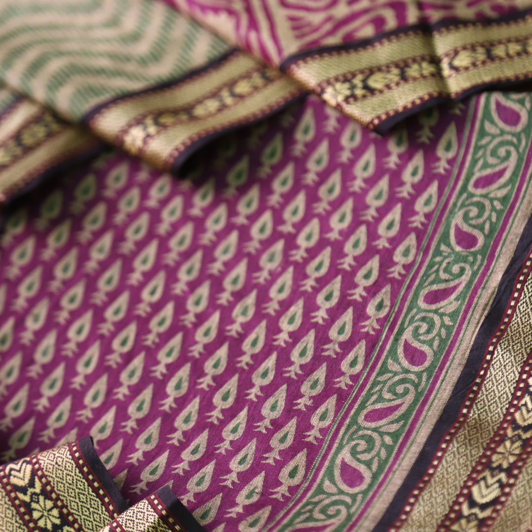 Kranti Wine Purple Buti Printed in Mangalgiri Hem Work Cotton Suit Set D1