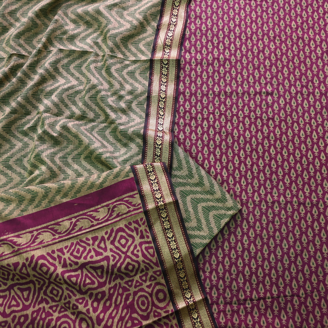 Kranti Wine Purple Buti Printed in Mangalgiri Hem Work Cotton Suit Set D1