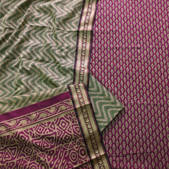 Kranti Wine Purple Buti Printed in Mangalgiri Hem Work Cotton Suit Set D1
