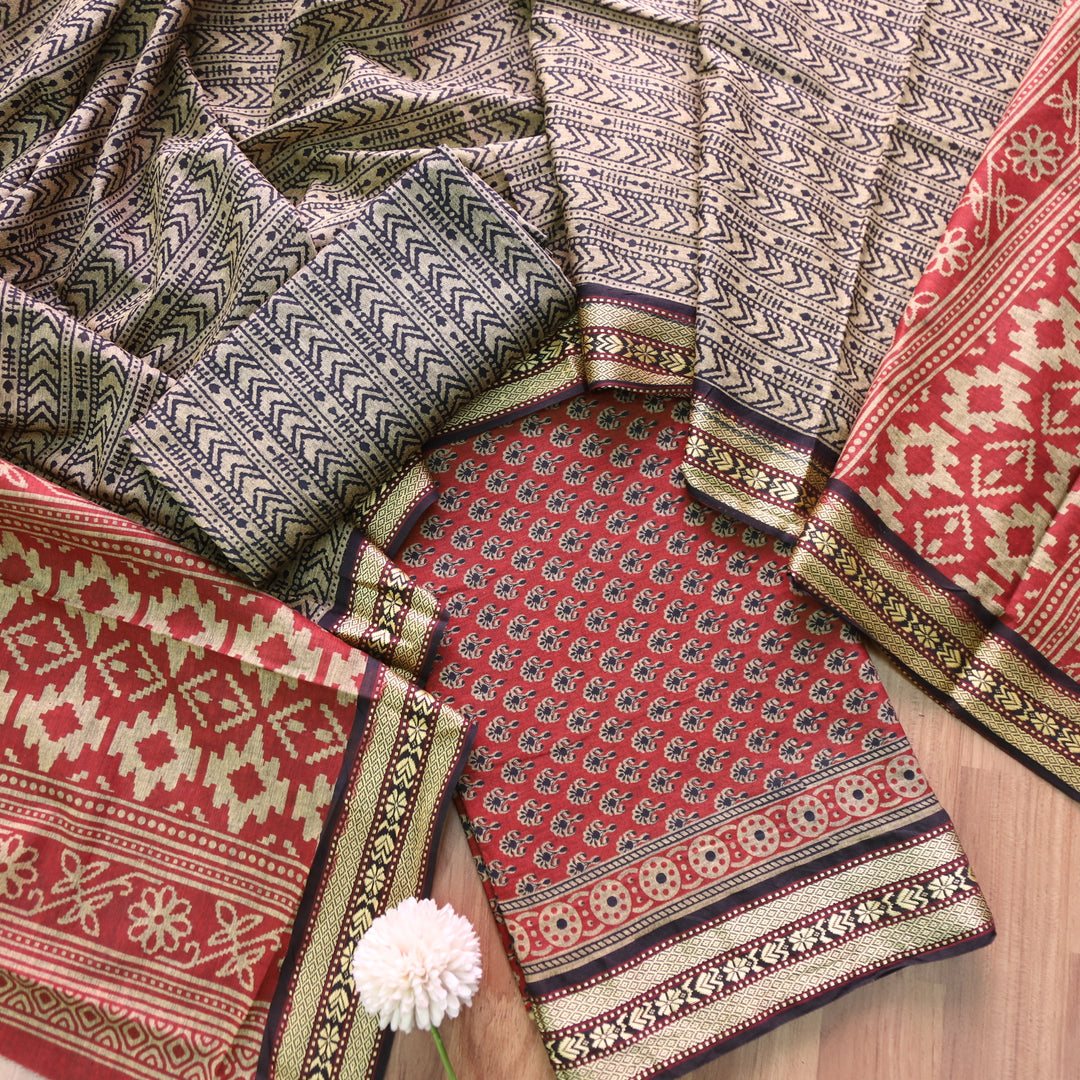 Roop Apple Red Buti Printed in Mangalgiri Hem Work Cotton Suit Set D2