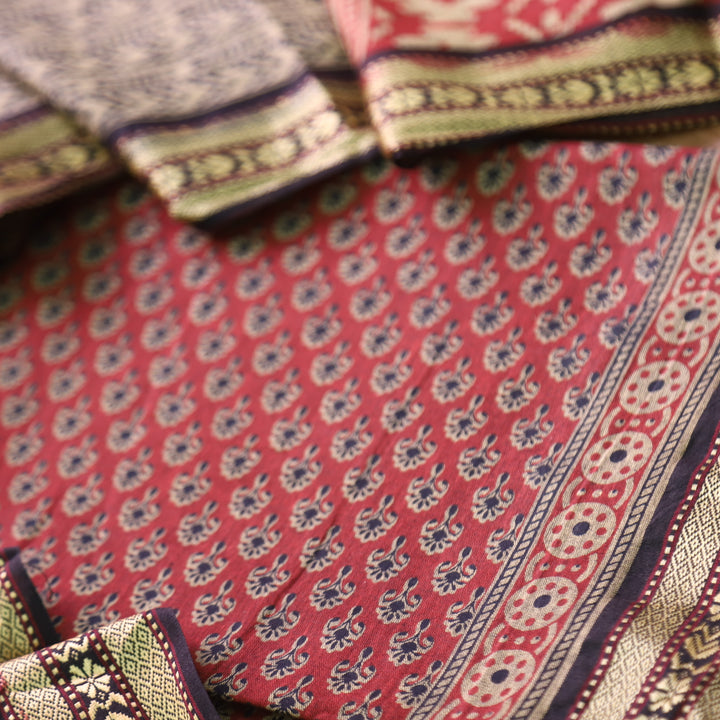 Roop Apple Red Buti Printed in Mangalgiri Hem Work Cotton Suit Set D2