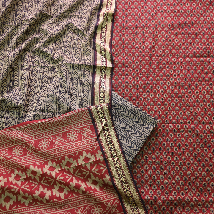 Roop Apple Red Buti Printed in Mangalgiri Hem Work Cotton Suit Set D2