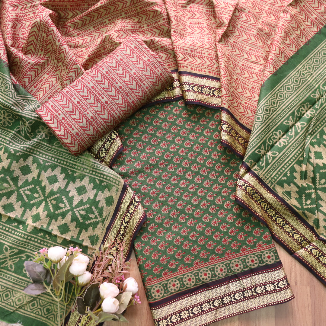 Roop Grass Green Buti Printed in Mangalgiri Hem Work Cotton Suit Set D2