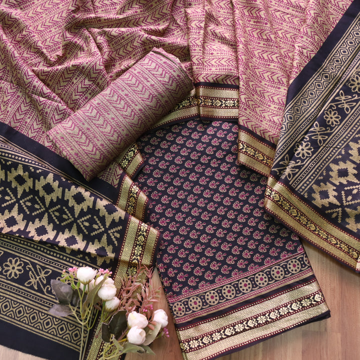 Roop Night Black Buti Printed in Mangalgiri Hem Work Cotton Suit Set D2