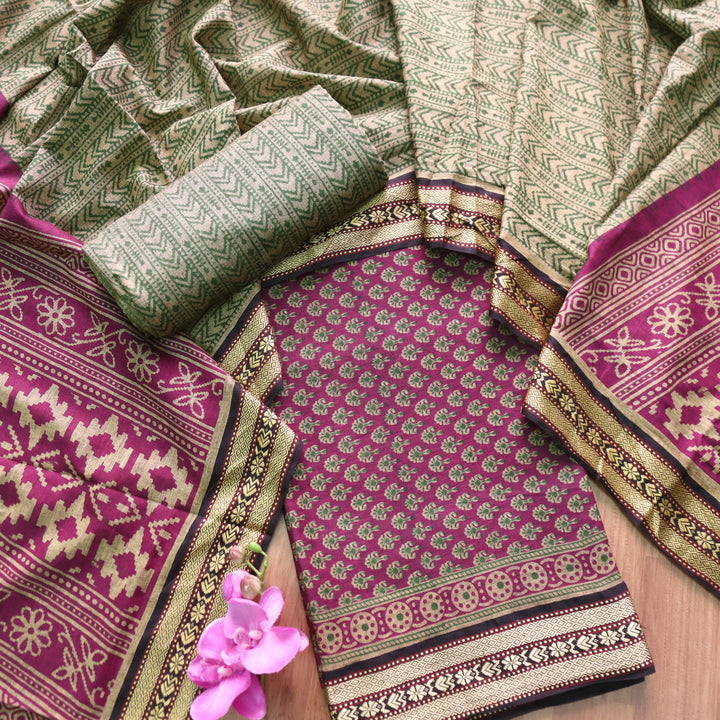 Roop Berry Purple Buti Printed in Mangalgiri Hem Work Cotton Suit Set D2