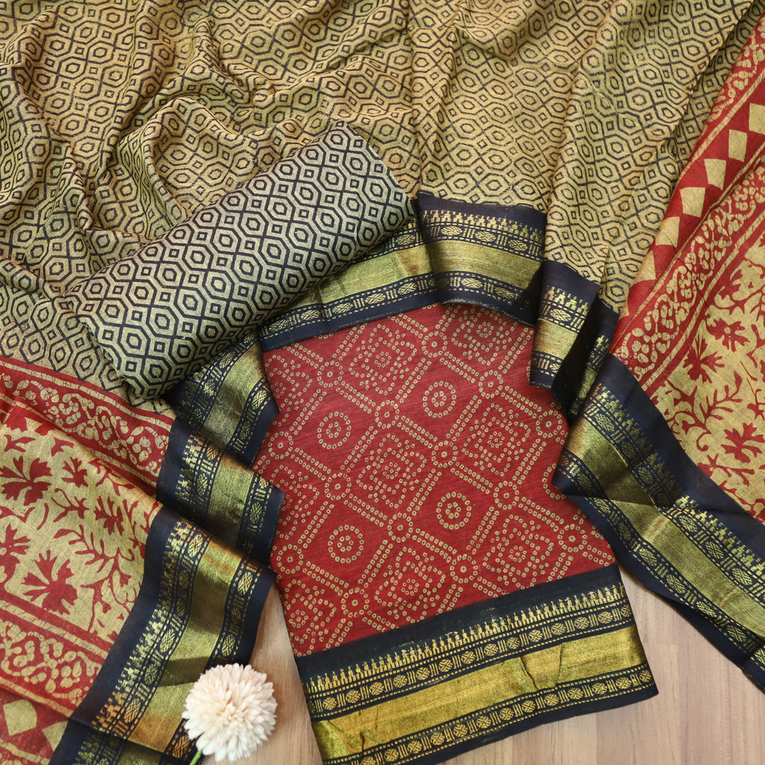 Kranti Berry Red Bandhani Printed Mangalgiri Hem Work Cotton Suit Set