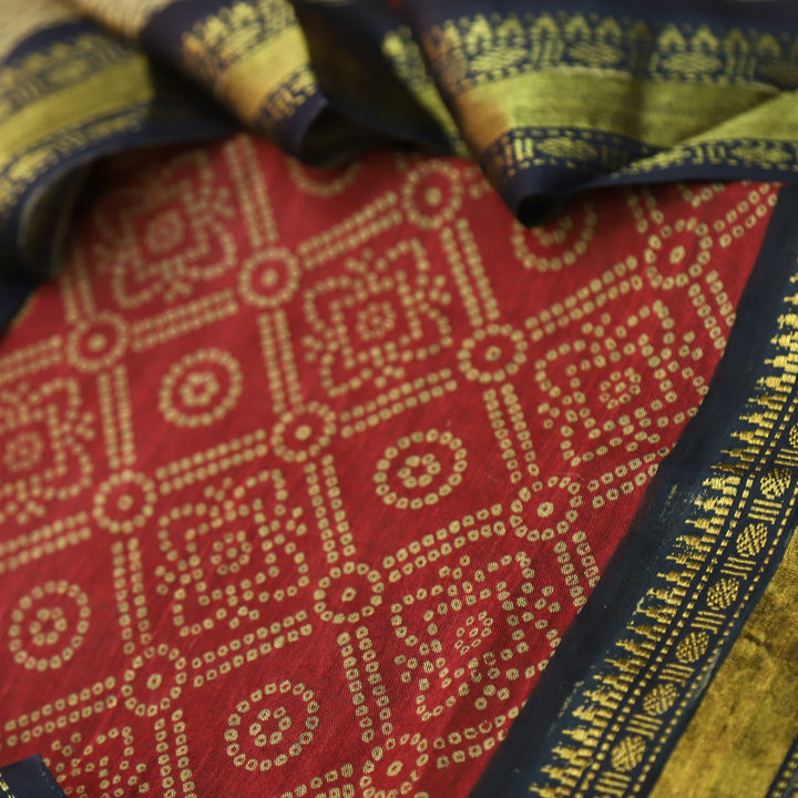 Kranti Berry Red Bandhani Printed Mangalgiri Hem Work Cotton Suit Set