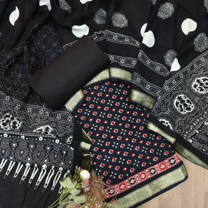 Raina Oil Black Printed with Mangalgiri Hem Work Cotton Suit Set