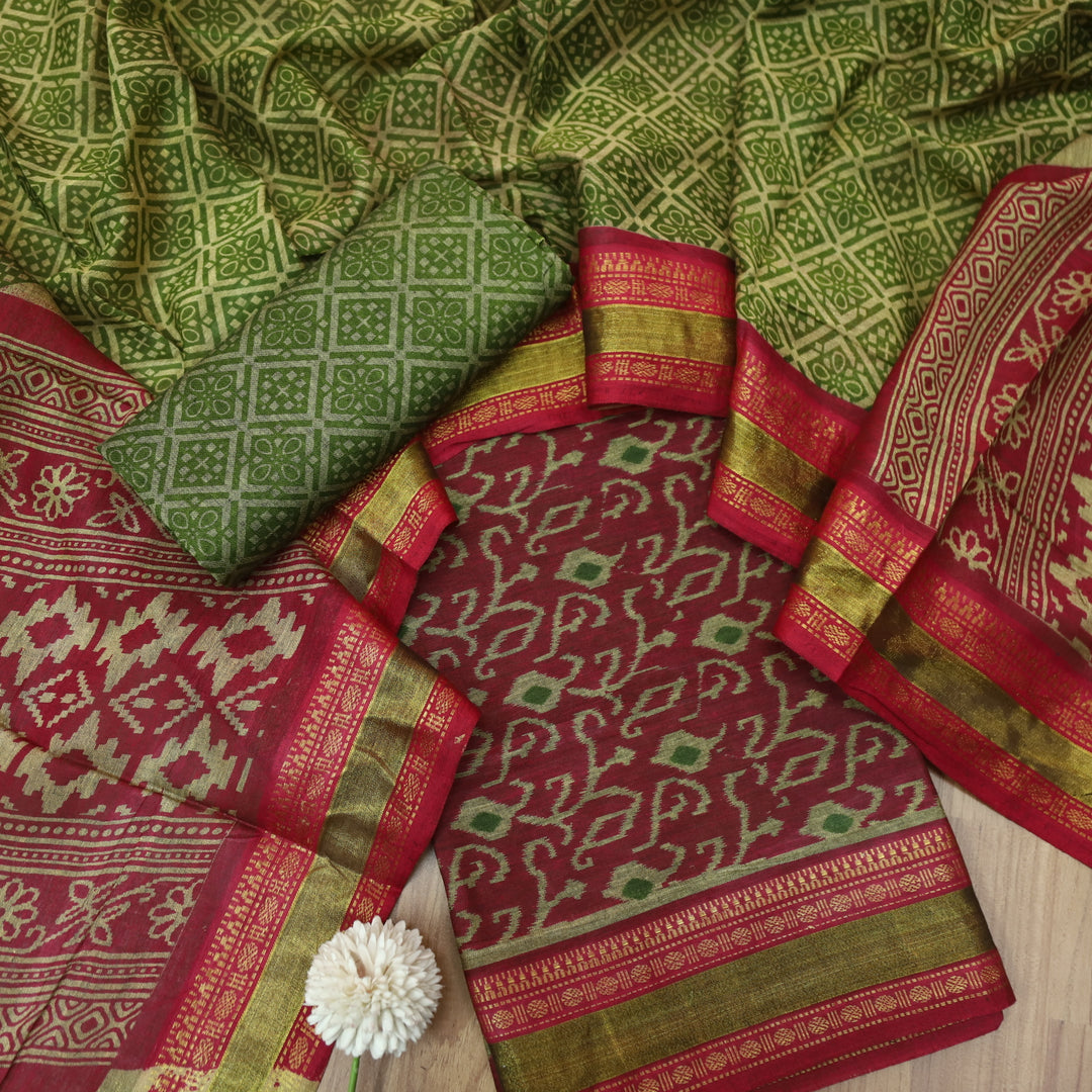 Haniya Cherry Red Printed with Mangalgiri Hem Work Cotton Suit Set