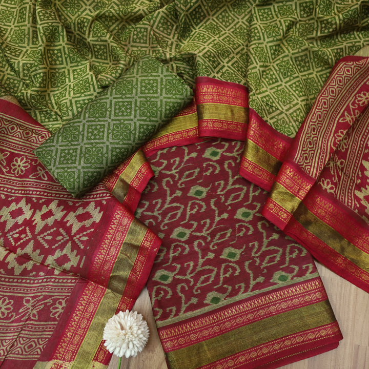 Haniya Cherry Red Printed with Mangalgiri Hem Work Cotton Suit Set