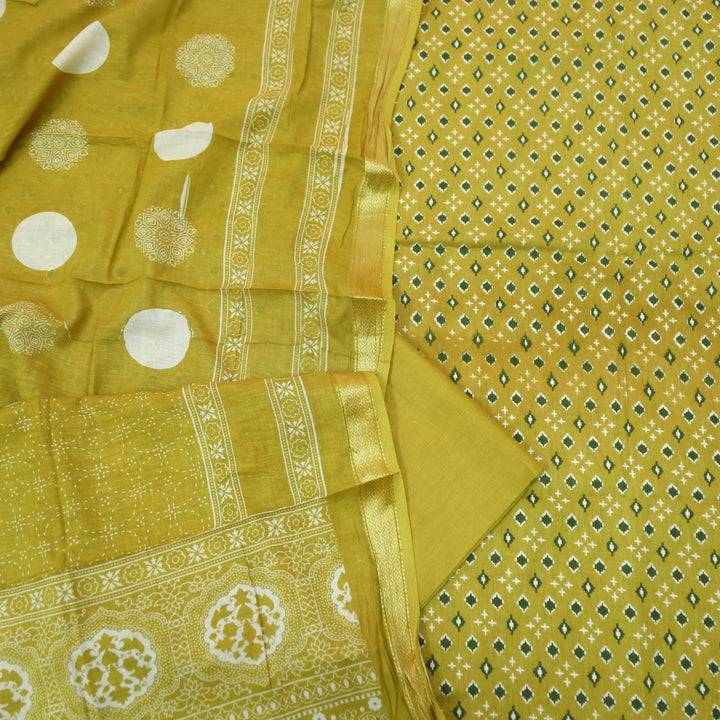 Raina Corn Yellow Printed with Mangalgiri Hem Work Cotton Suit Set