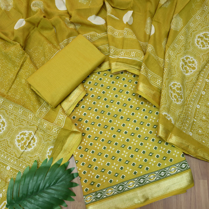 Raina Corn Yellow Printed with Mangalgiri Hem Work Cotton Suit Set
