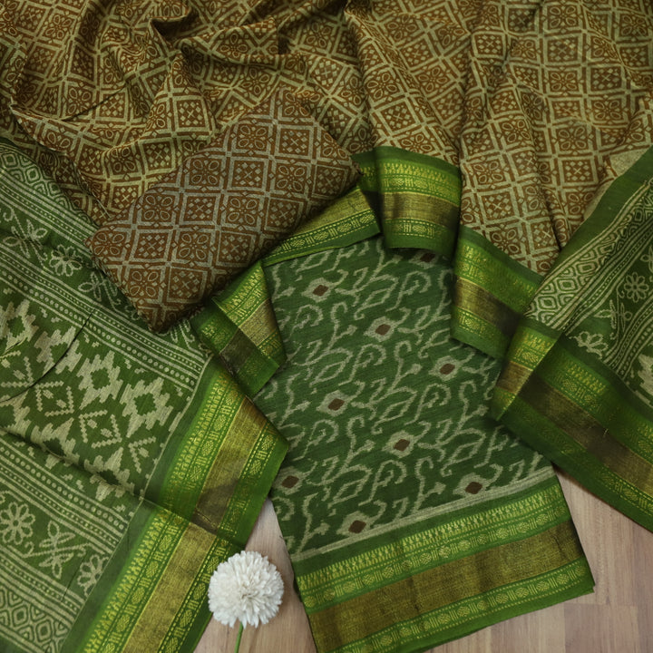 Haniya Leaf Green Printed with Mangalgiri Hem Work Cotton Suit Set