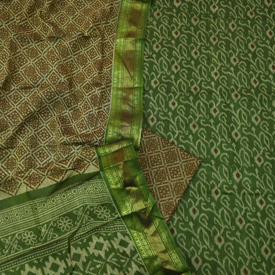 Haniya Leaf Green Printed with Mangalgiri Hem Work Cotton Suit Set